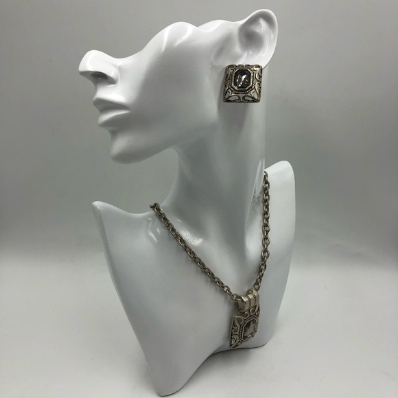 Vintage Bali Style Silver Tone Square Statement Necklace and Pierced Earring Set - Picture 1 of 16